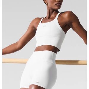 Alo Mindful Movement ribbed White Sports Bra and Shorts Set